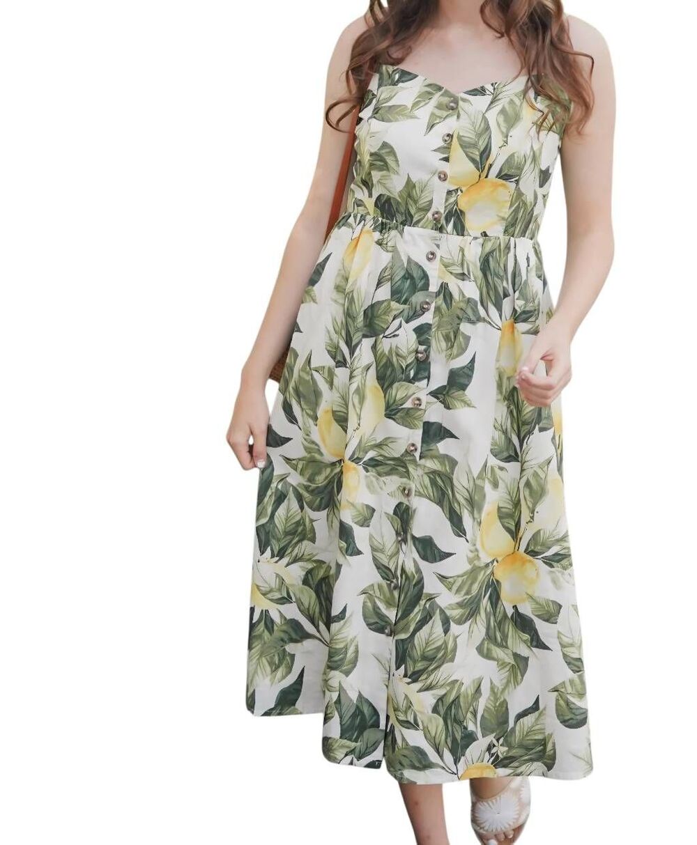 H&M Dress Women's XS White Lemon Tree Print Linen Cotton Midi Button Down